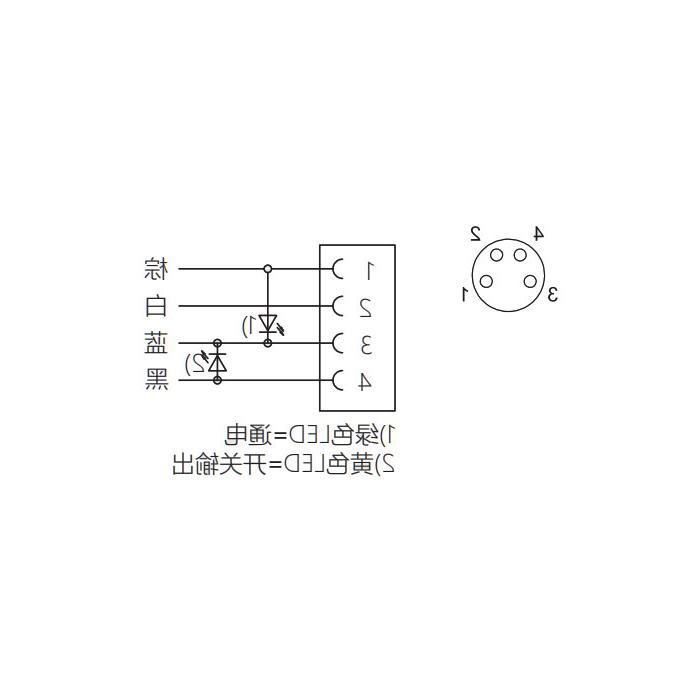 M8 4Pin、母头90°、带LED灯、单端预铸PUR柔性电缆、黑色护套、63S161-XXX